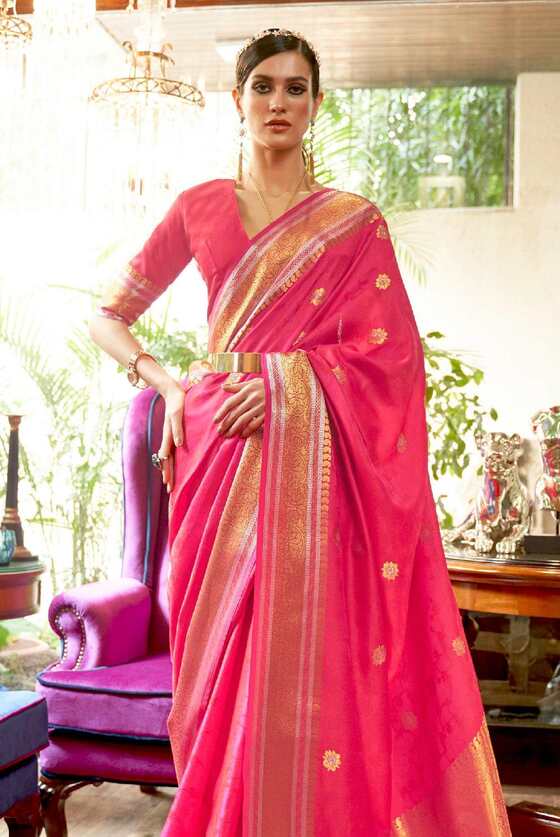 Hot Pink Gold Zari Weaving Kanjivaram Silk Saree