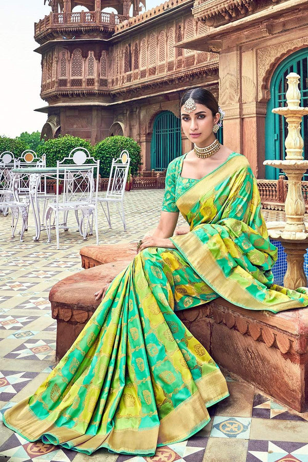 Shades Of Green Woven Designer Banarasi Saree With Embroidered Silk Blouse