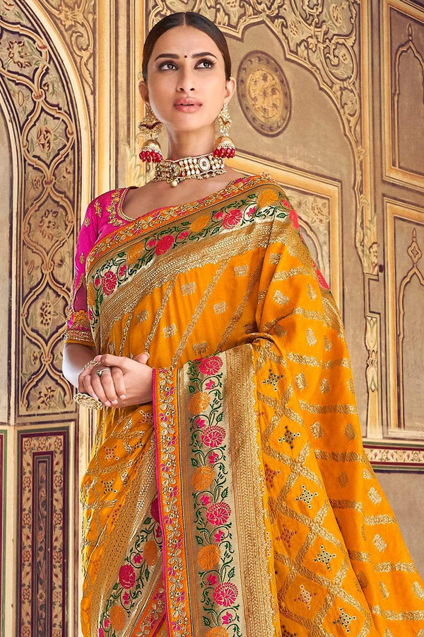 Turmeric Yellow Woven Designer Banarasi Saree With Embroidered Silk Blouse