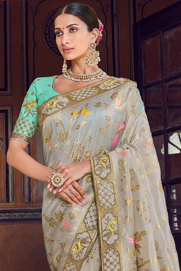 Grey Woven Designer Banarasi Saree With Embroidered Silk Blouse