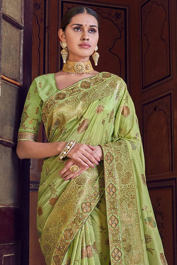 Olive Green Woven Designer Banarasi Saree With Embroidered Silk Blouse