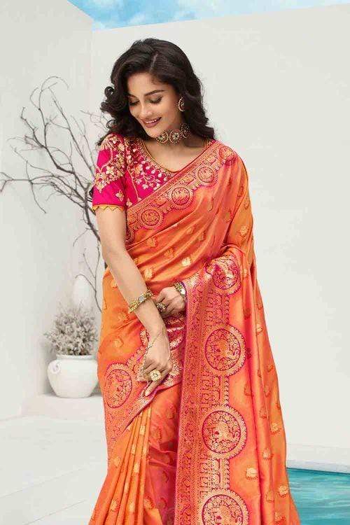 Beautiful Coral Orange Designer Banarasi Saree With Embroidered Blouse