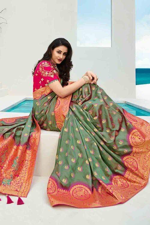 Beautiful Bluish Green Designer Banarasi Saree
