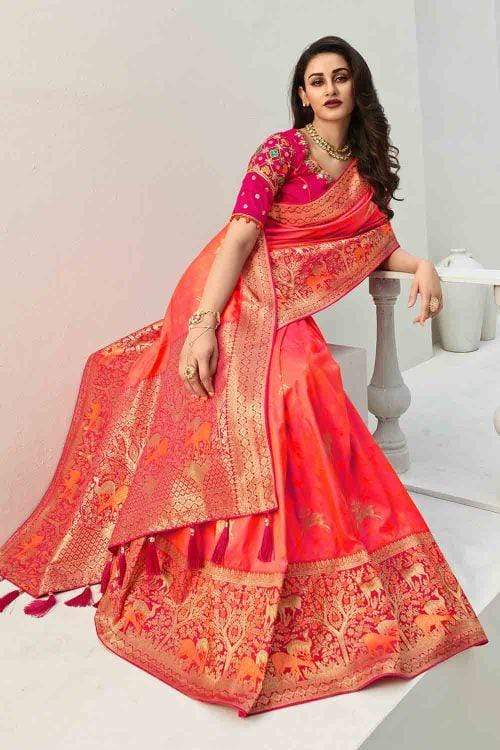 Beautiful Imperial Red Designer Banarasi Saree With Embroidered Blouse