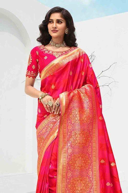 Beautiful Rose Pink Designer Banarasi Saree With Embroidered Blouse