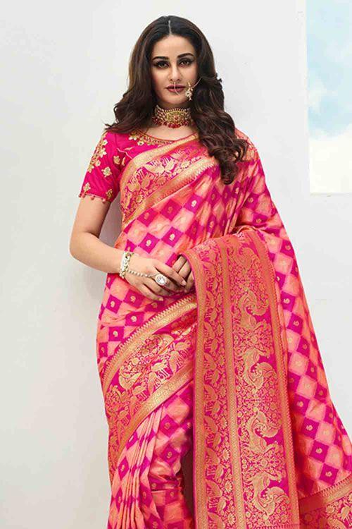 Beautiful Punch Pink Designer Banarasi Saree