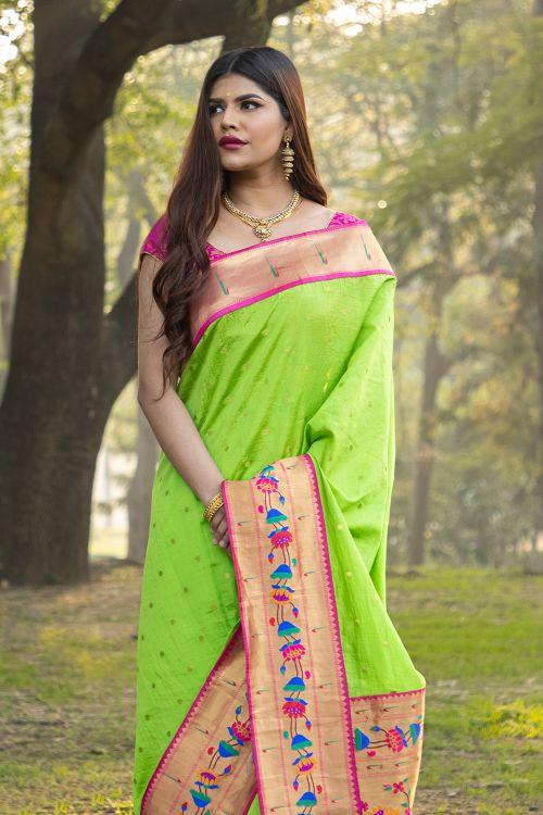 Lime Green Broad Border Paithani Saree