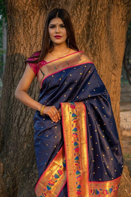 Denim Blue Broad Border Paithani Saree