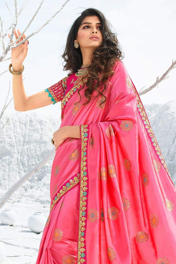 Beautiful Creamy Pink Zari Woven Designer Banarasi Saree