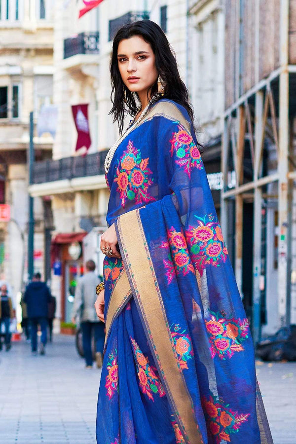 Azure Blue Floral Printed Linen Saree