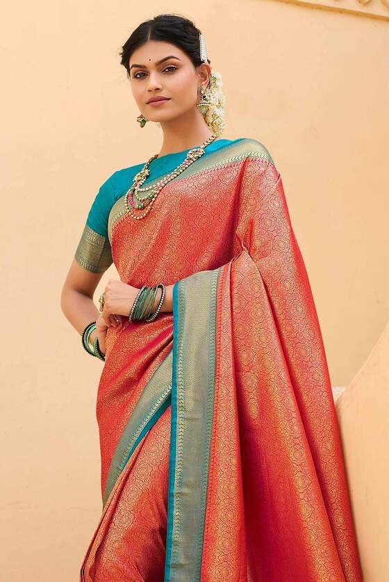 Coral Pink Woven Kanjivaram Silk Saree