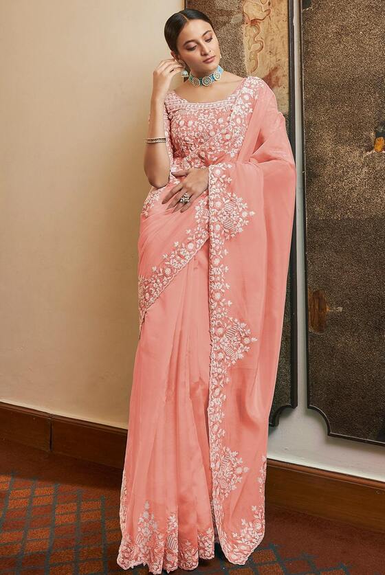 Salmon Pink Organza Designer Saree