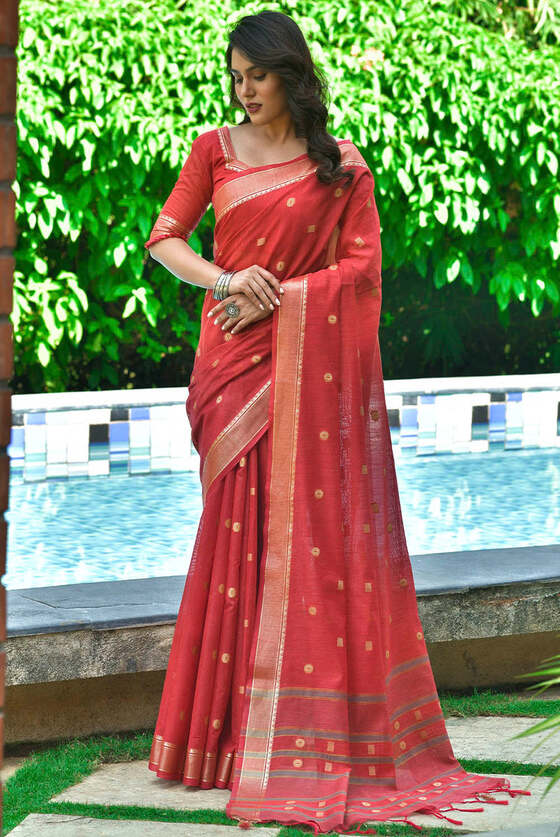 Sienna Red Zari Woven Cotton Saree