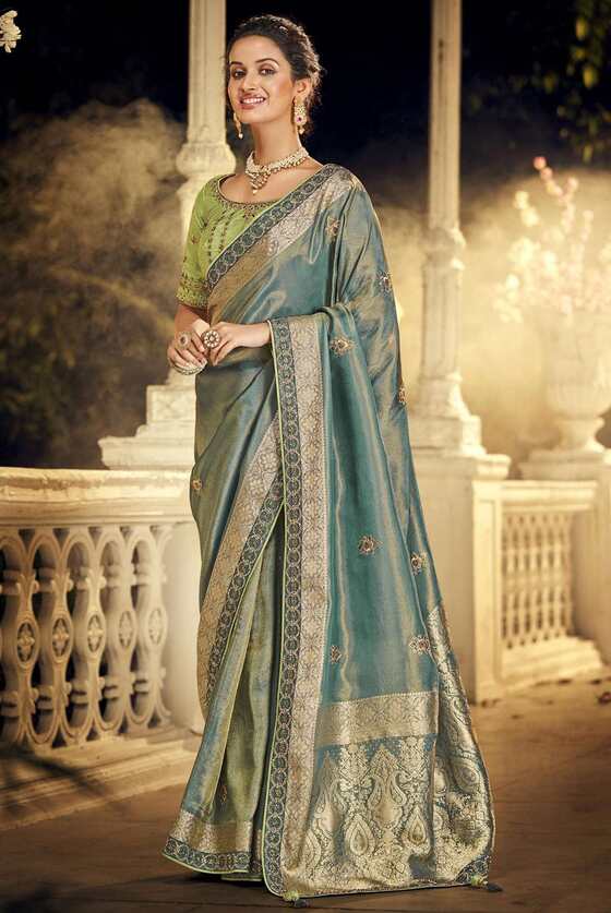 Celestial Blue Designer Silk Saree With Embroidered Blouse