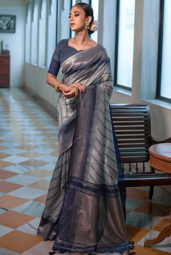 Storm Grey Zari Woven Striped South Silk Saree