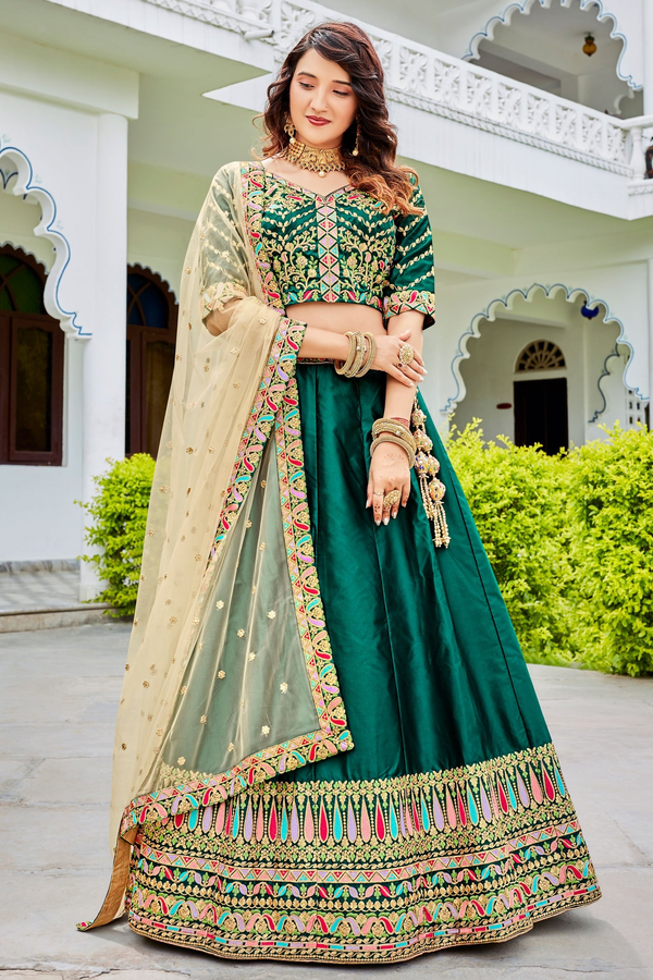 Teal Green Soft Silk Lehenga With Multi-embroidered Border & Blouse