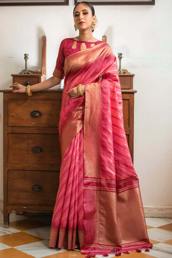 Candy Pink Zari Woven Striped South Silk Saree