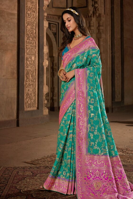 Ocean Green Woven Banarasi Patola Silk Saree with Meenakaari