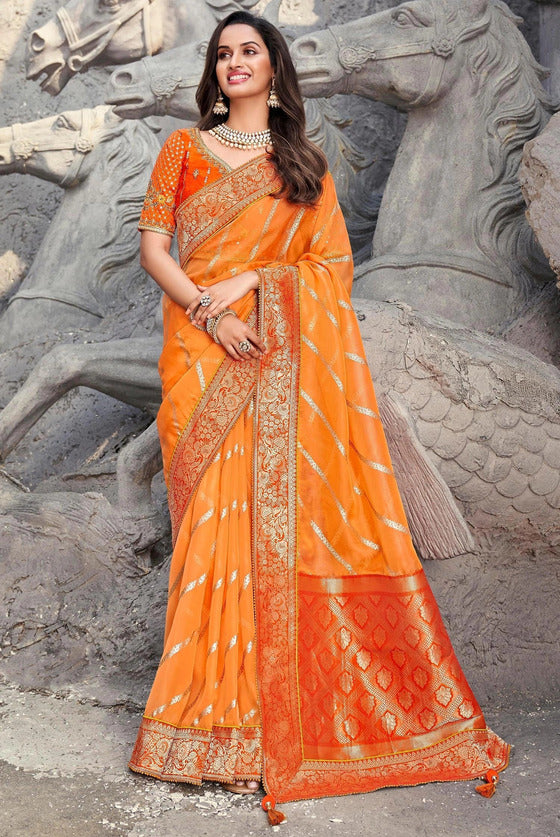 Orange Organza Silk Leheriya Woven Saree