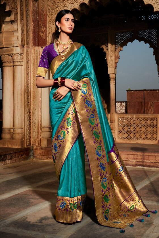 Navigate Blue Woven Banarasi Silk Paithani Saree