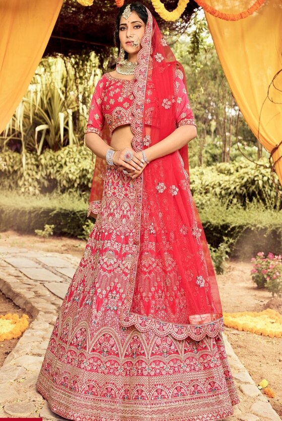 Carmine Pink Raw Silk Lehenga Choli With Resham, Zarkan & Dori Work