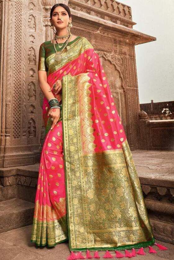 Ruby Pink Zari Woven Banarasi Silk Saree