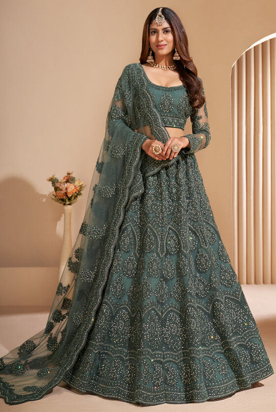 Olive Green Embroidered Silk And Net Semi-stitched Lehenga Set