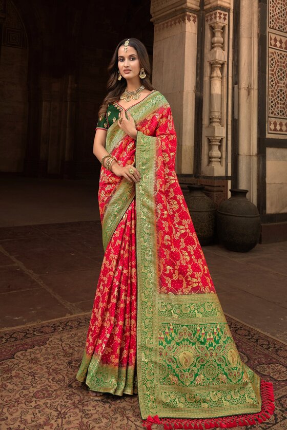 Red Banarasi Silk Saree with Meenakaari