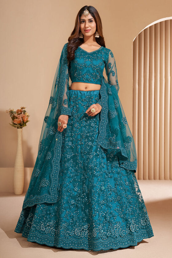 Indian Blue Embroidered Silk And Net Semi-stitched Lehenga Set