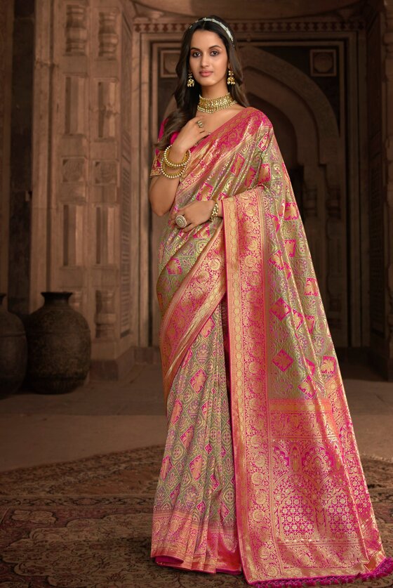 Grey Banarasi Patola Saree with Pink Border