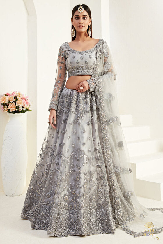 Silver Grey Heavy Embroidered Lehenga with Net Dupatta