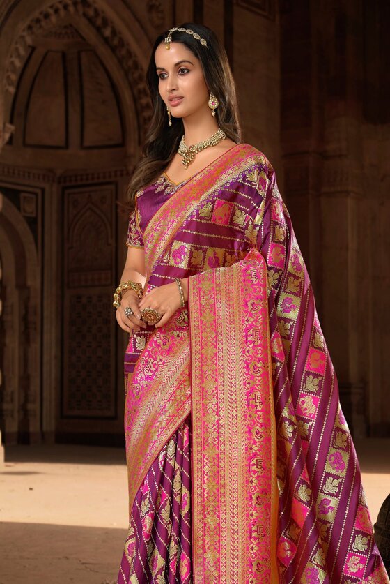 Plum Violet Woven Banarasi Patola Silk Saree