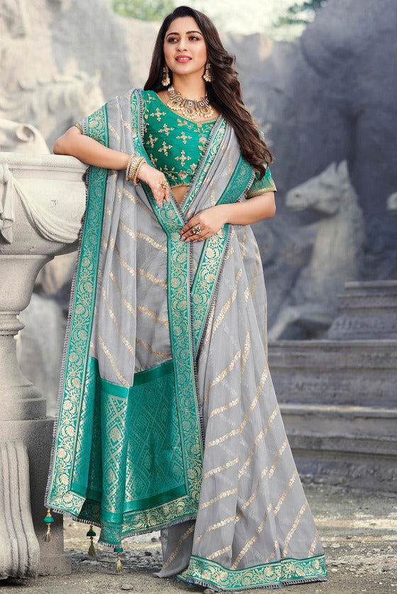 Light Pastel Blue Organza Silk Saree