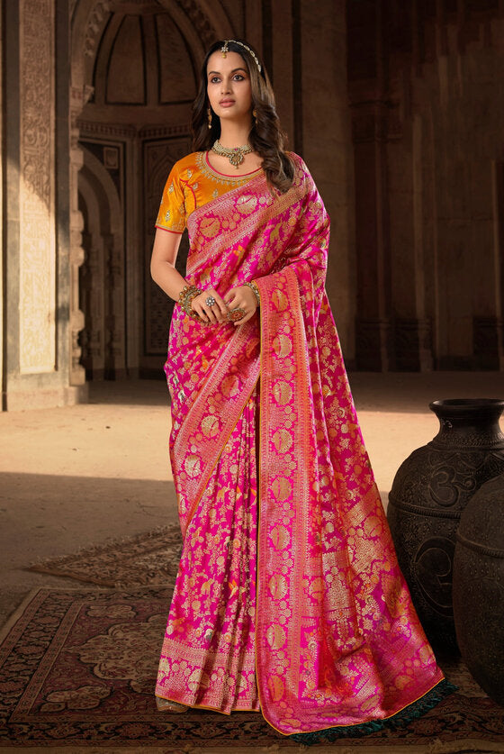 Rani Pink Woven Banarasi Patola Silk Saree