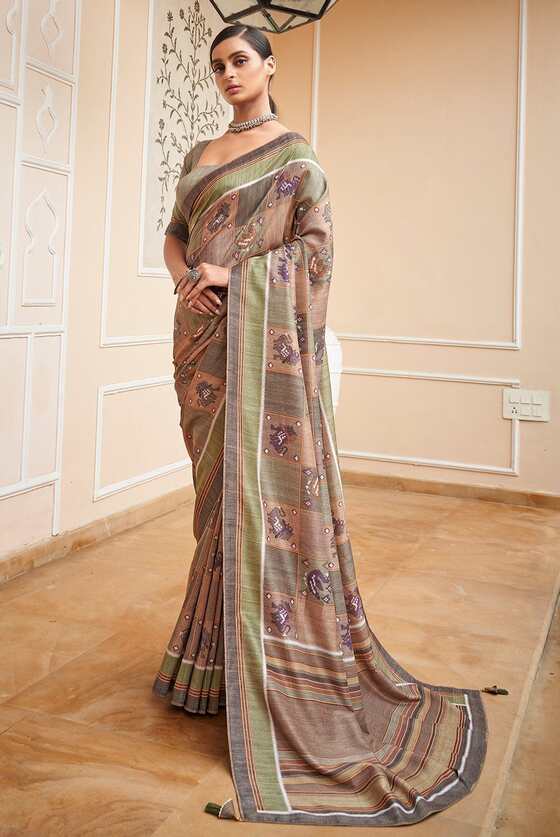 Green Grey Mughal Inspired Digital Print Saree