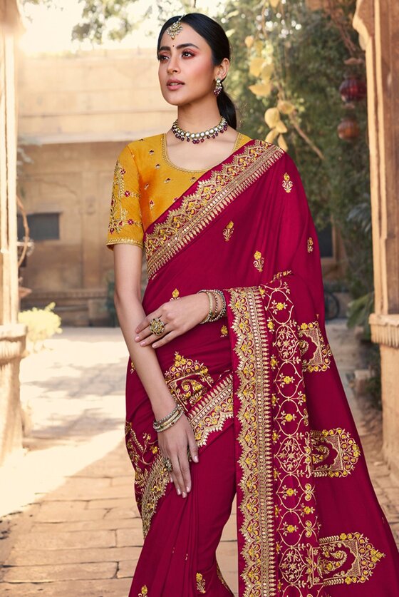 Maroon Designer Embroidered Silk Saree