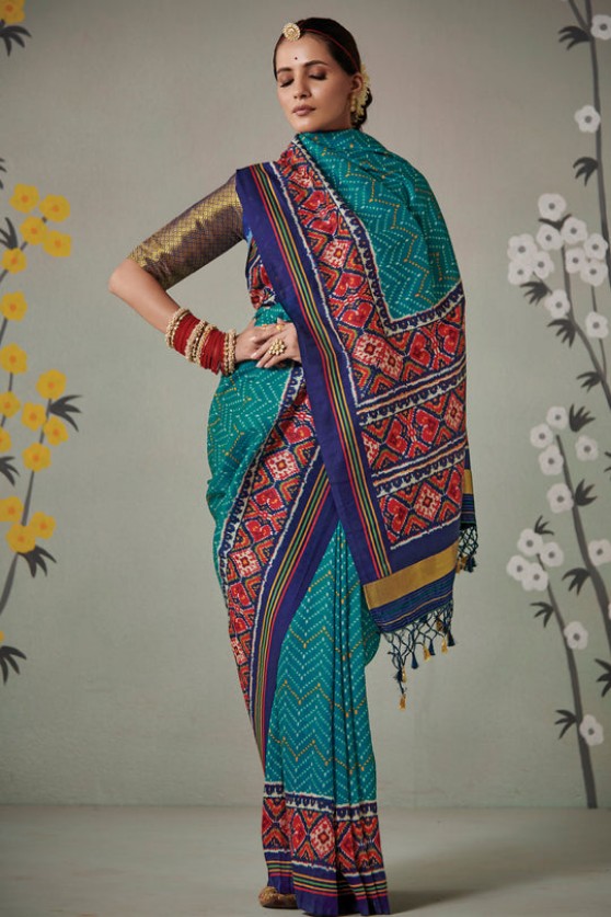 Blue Color Patan Patola Silk Saree With Kanchi Blouse