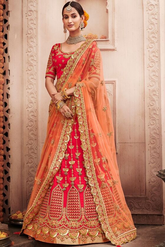 Punch Pink Embroidered Silk Lehenga Choli