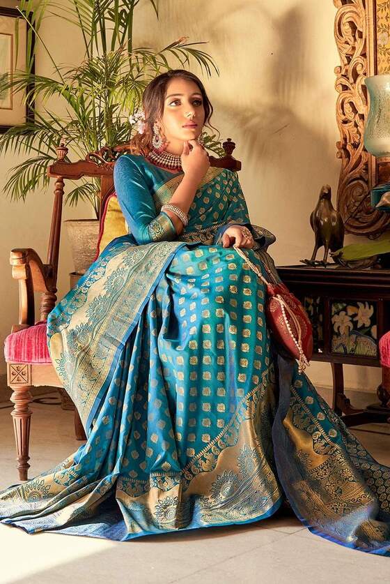 Tiffany Blue Woven Self Embossed Banarasi Silk Saree