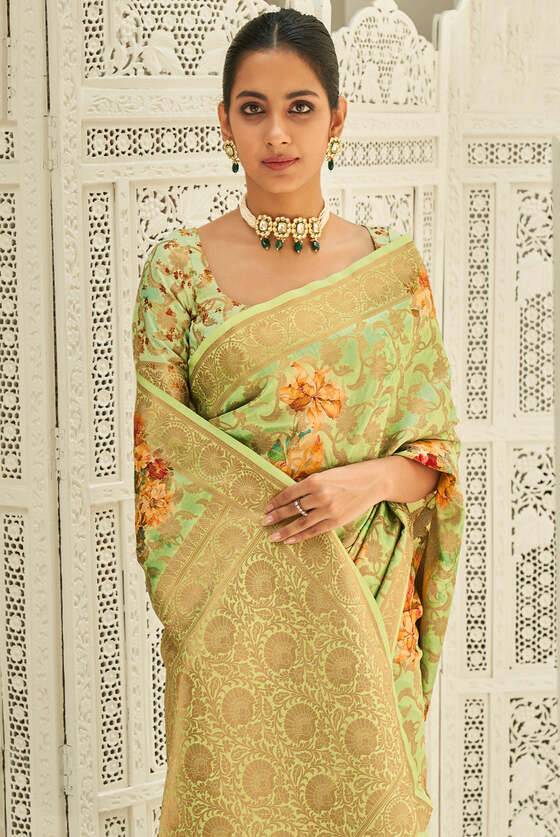 Pale Green Zari Woven Digital Printed Saree