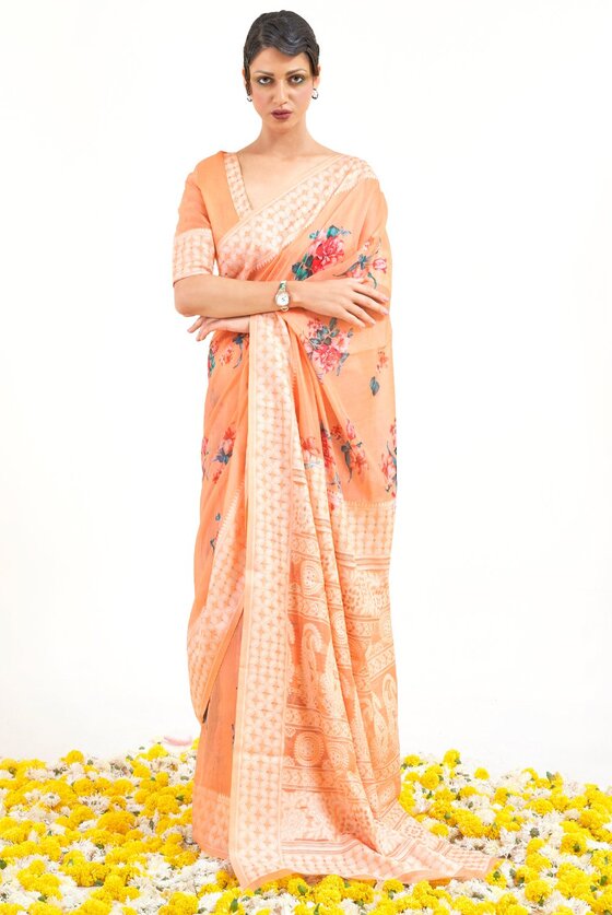 Citrus Peach Lucknowi Linen Saree with Digital Print