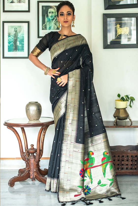 Pitch Black Tussar Silk  Woven Saree With Paithani Border And Pallu