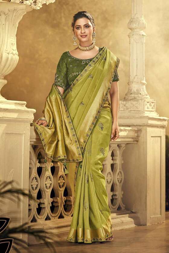 Pear Green Designer Silk Saree With Embroidered Blouse