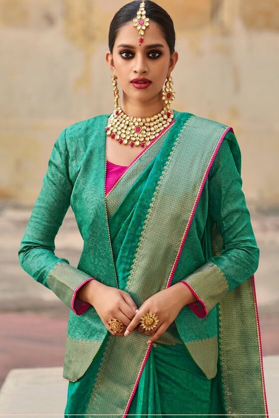 Jade Green Self Embossed Zari  Woven Banarasi Silk Saree