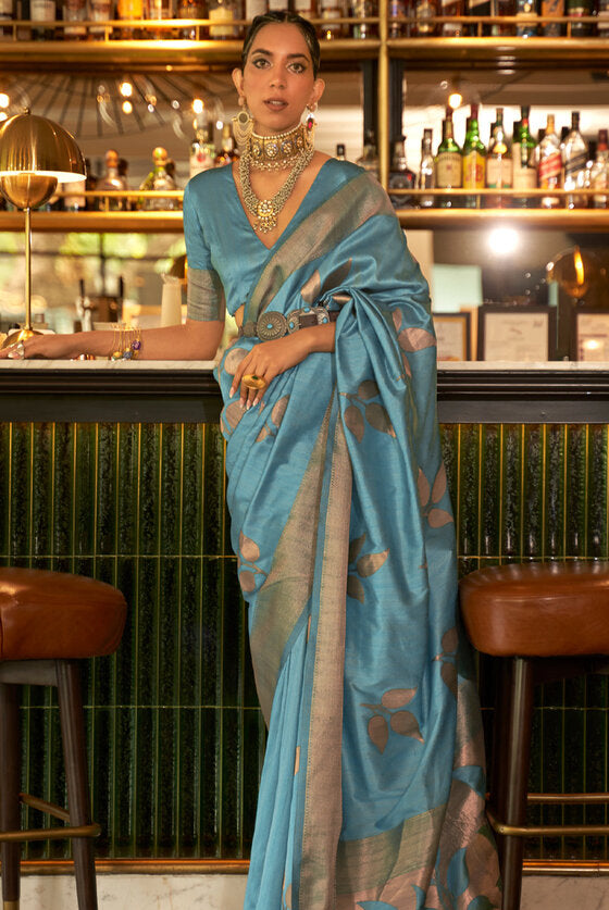 Lotus Blue Woven Banarasi Tussar Silk Saree