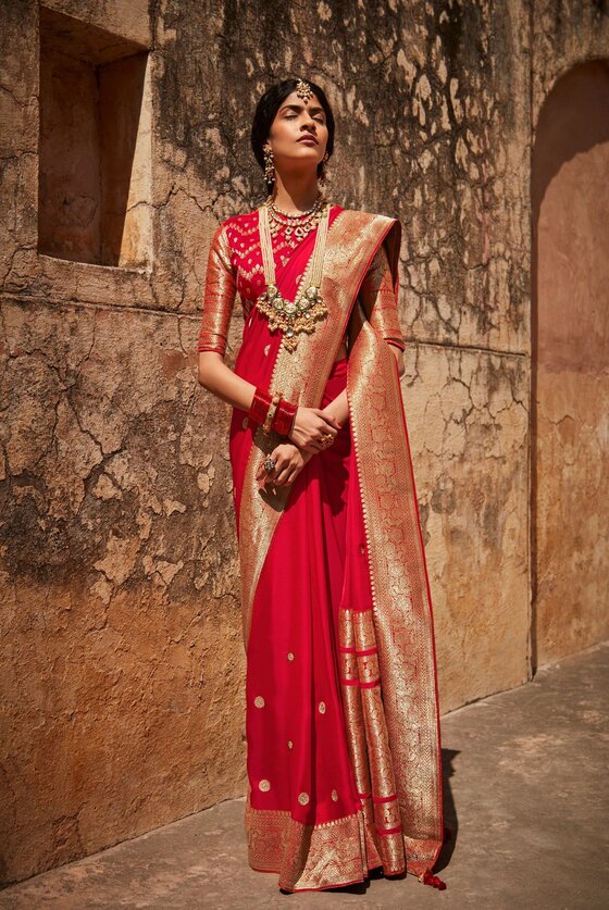 Red Banarasi  Saree with Threadwork Blouse