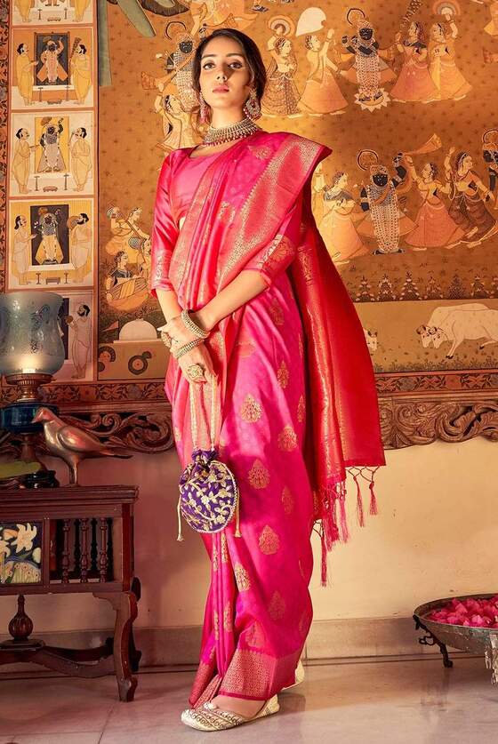 Hot Pink Woven Self Embossed Banarasi Silk Saree