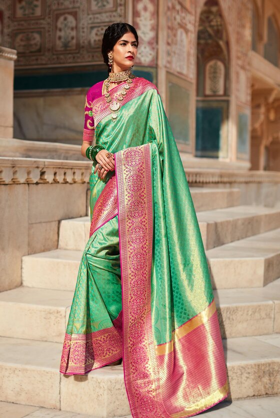 Green South Silk Saree with Threadwork Blouse