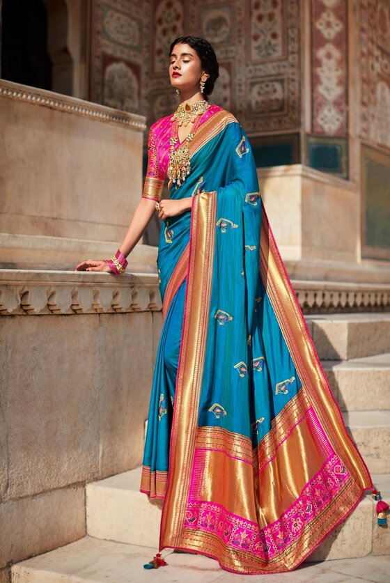 Blue Banarasi Patola Saree with Threadwork Blouse