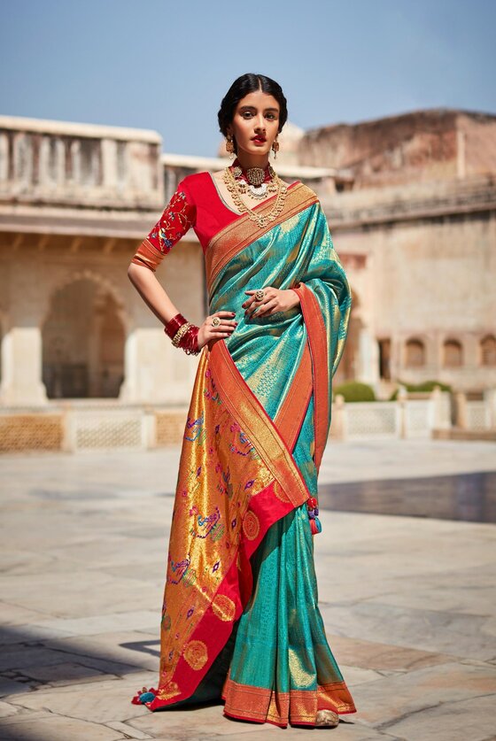 Blue Banarasi Paithani Saree with Threadwork Blouse